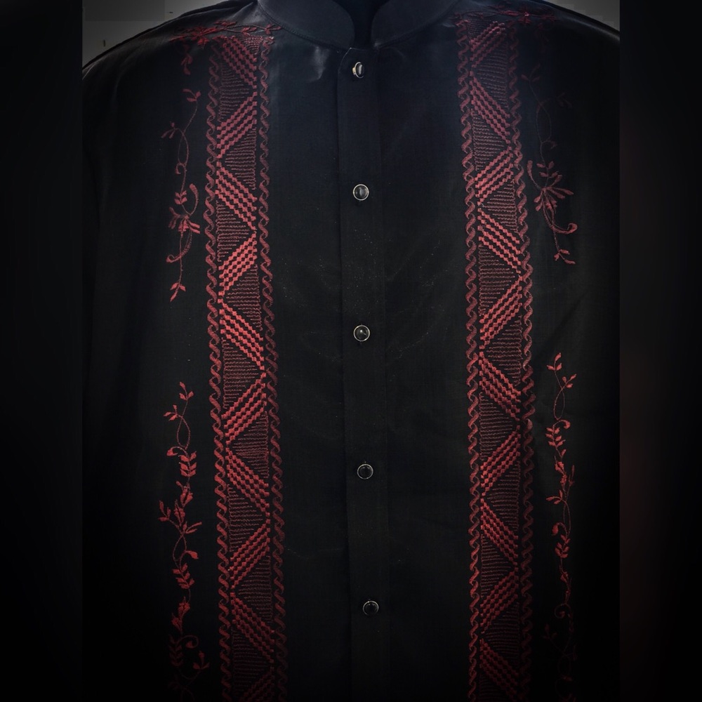 Pina Coat Barong Tagalog Black/ Maroon Embroidery - Picture 2 of 3
